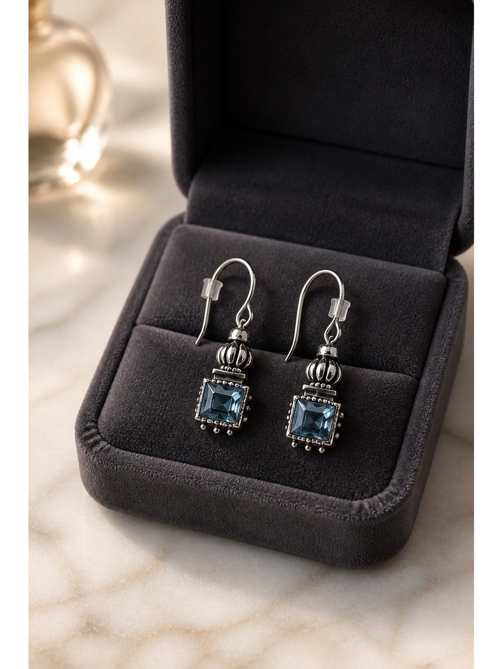 Avon Blue Crystal Crown Drop Earrings Silver Tone French Hook Dangle